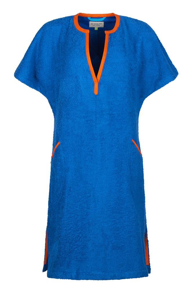 So English Brighton Blue Kiss dress, short style, lightweight fabric, casual summer dress with a relaxed fit and vibrant blue color.