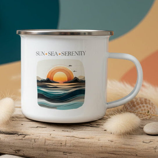 White mug with sunset design and &