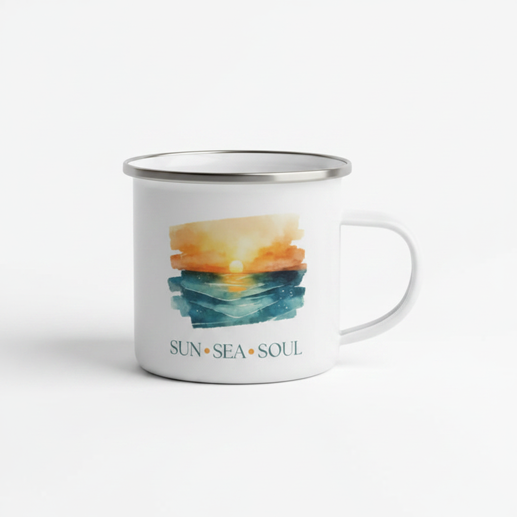 Sun Sea Soul Enamel Mug – 12oz Camping Coffee Cup with Sunset Over the Sea Design