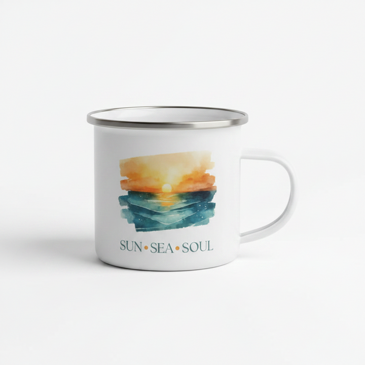 Sun Sea Soul Enamel Mug – 12oz Camping Coffee Cup with Sunset Over the Sea Design