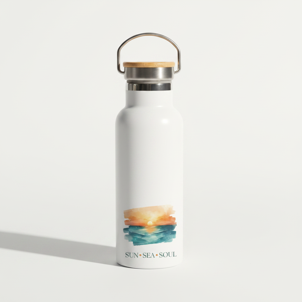 Sun Sea Soul Metal Water Bottle – 500ml Stainless Steel Insulated Flask with Sunset Over the Sea Design