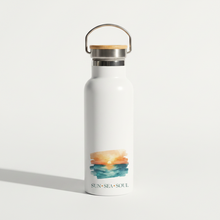Sun Sea Soul Metal Water Bottle – 500ml Stainless Steel Insulated Flask with Sunset Over the Sea Design