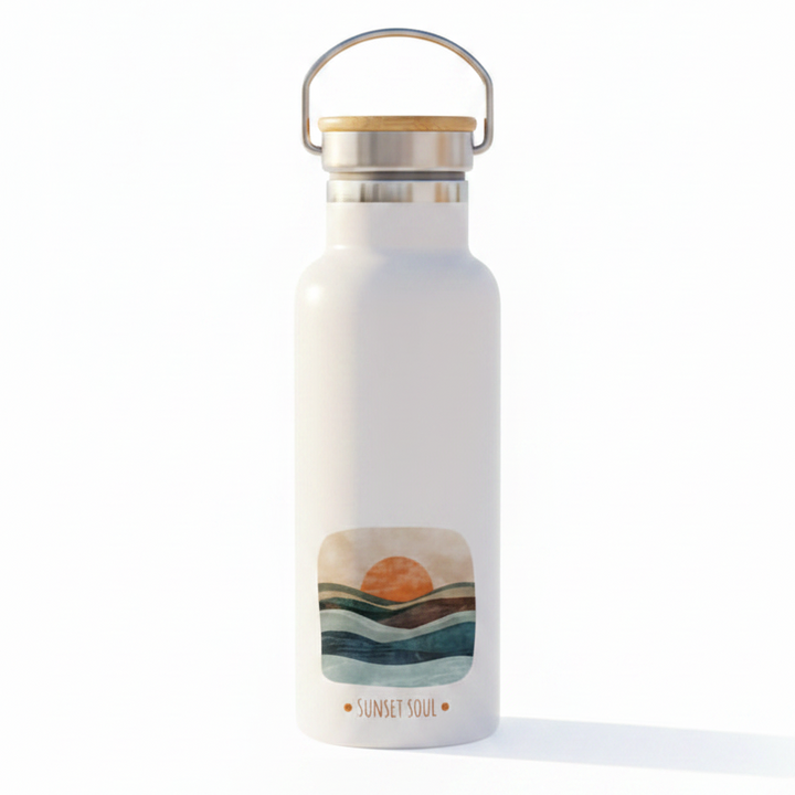 Sunset Soul Metal Water Bottle – 500ml Stainless Steel Insulated Flask with Retro Sunset Design