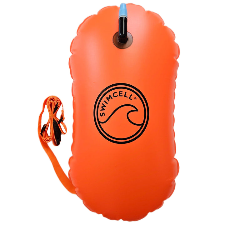 Orange inflatable swim bouy with a strap and &