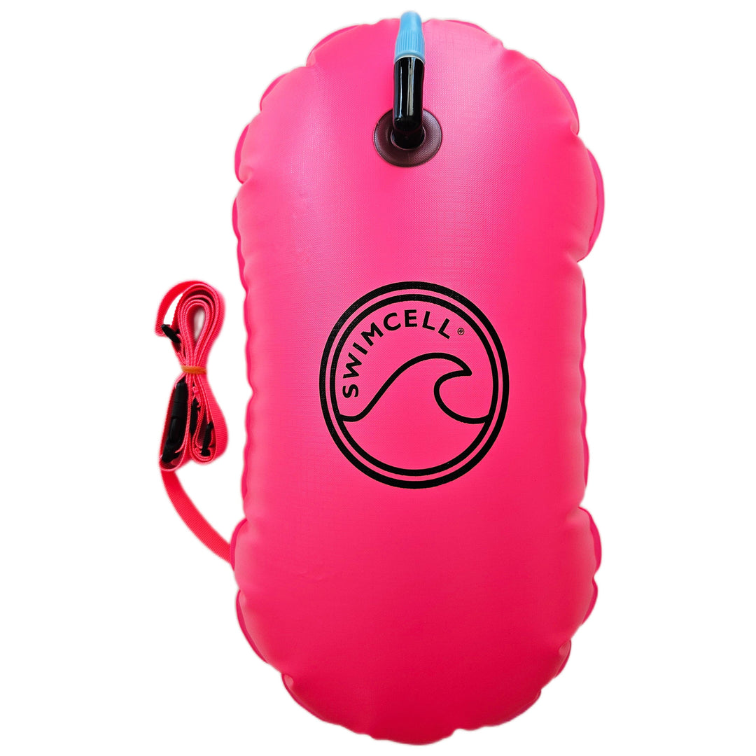 Pink inflatable pool float with a strap and &