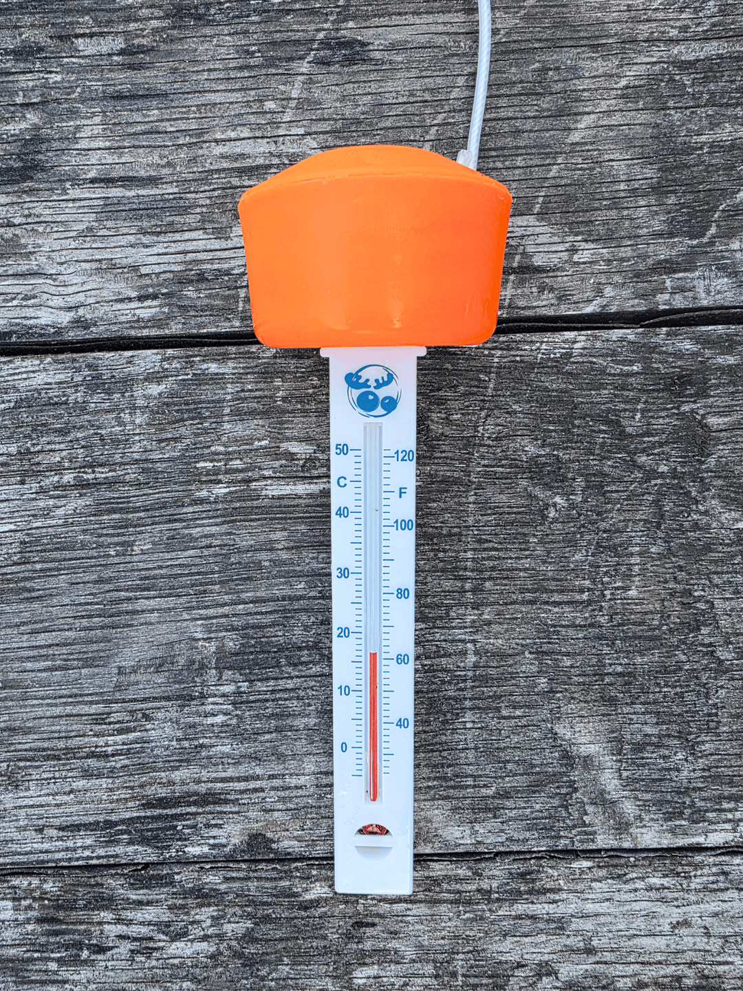 A floating thermometer with a bright orange top and a white plastic body, showing temperature scales in Celsius and Fahrenheit. The thermometer is photographed against a weathered grey wooden plank background.