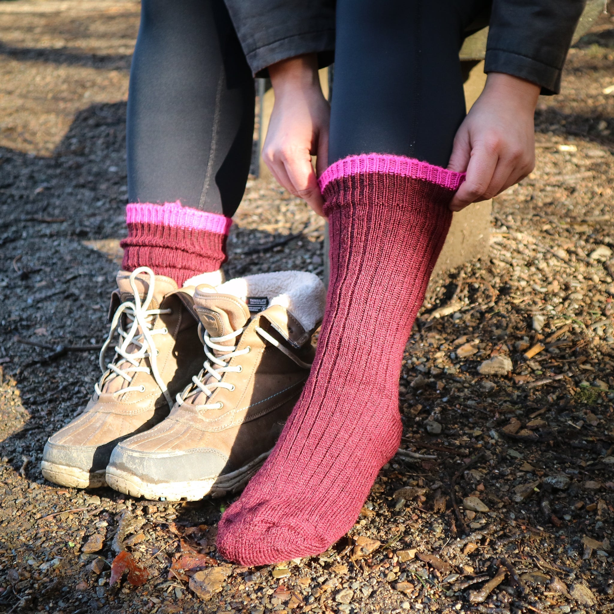 British Wool Socks - Burgundy with Pink