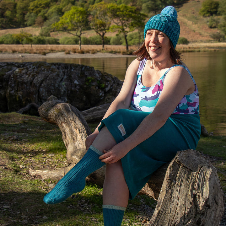 Cable Knit Bobble Hat - Blue & Teal