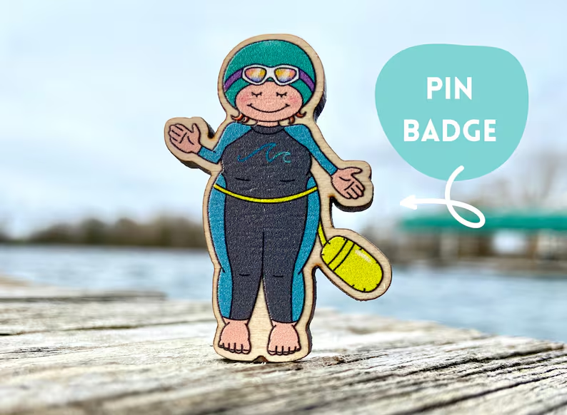 Cold Water Wetsuit Swimmer Wooden Pin Badge