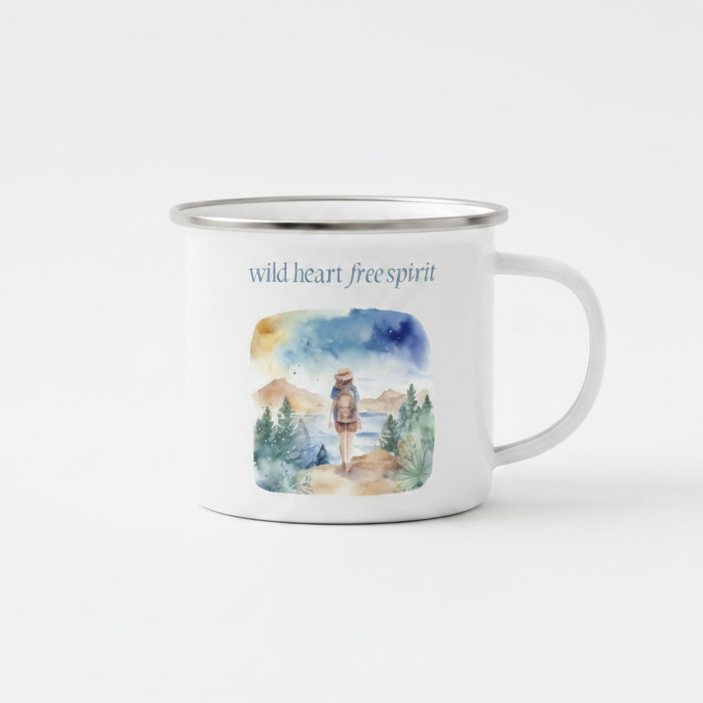 Wild Heart Free Spirit Enamel Mug – 12oz Camping Coffee Cup with Watercolour Wanderlust Design