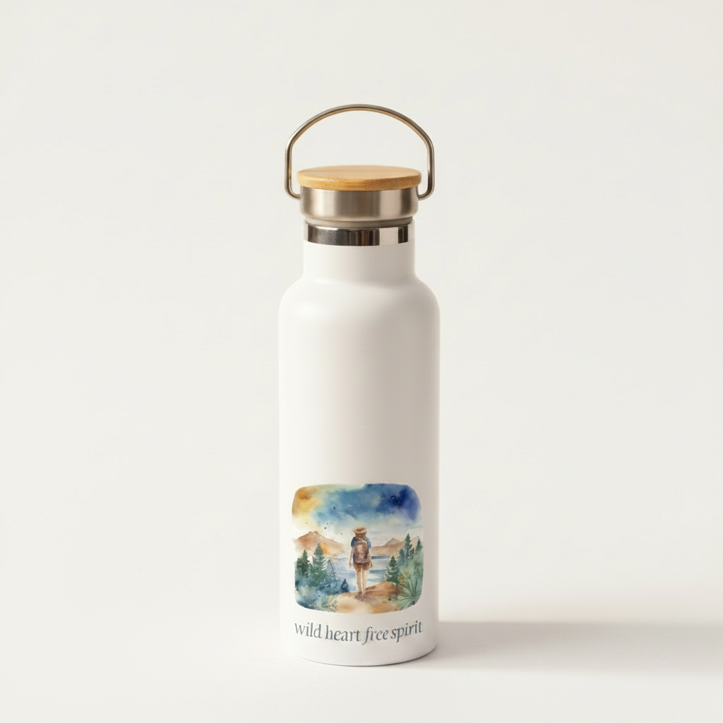 Wild Heart Free Spirit Metal Water Bottle – 500ml Stainless Steel Insulated Flask with Watercolour Wanderlust Design
