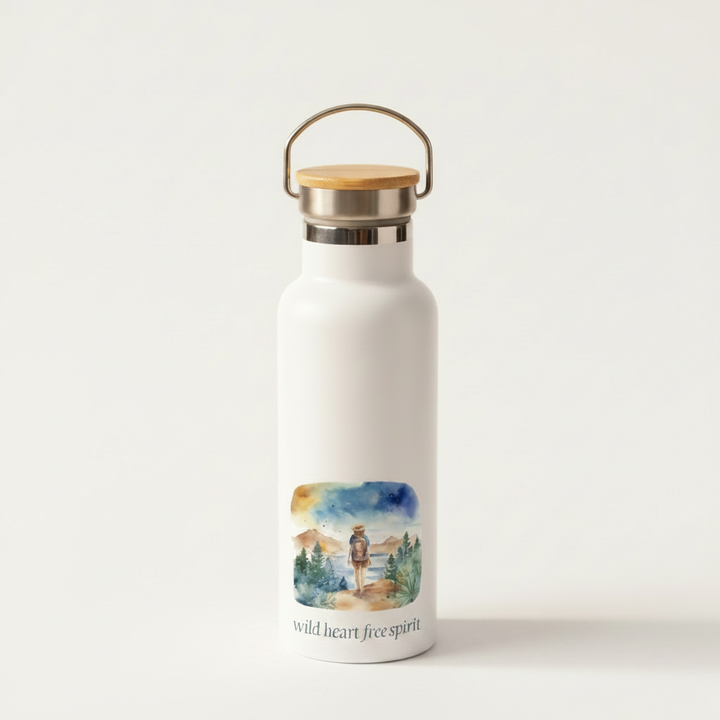 Wild Heart Free Spirit Metal Water Bottle – 500ml Stainless Steel Insulated Flask with Watercolour Wanderlust Design