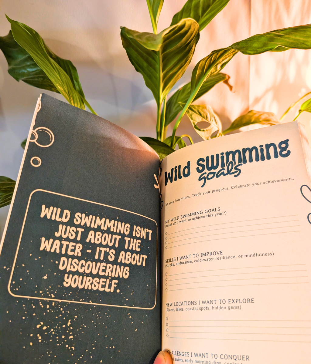 Interior pages of Wild Swim Planner showing goal setting and swim log for outdoor swimmers.
