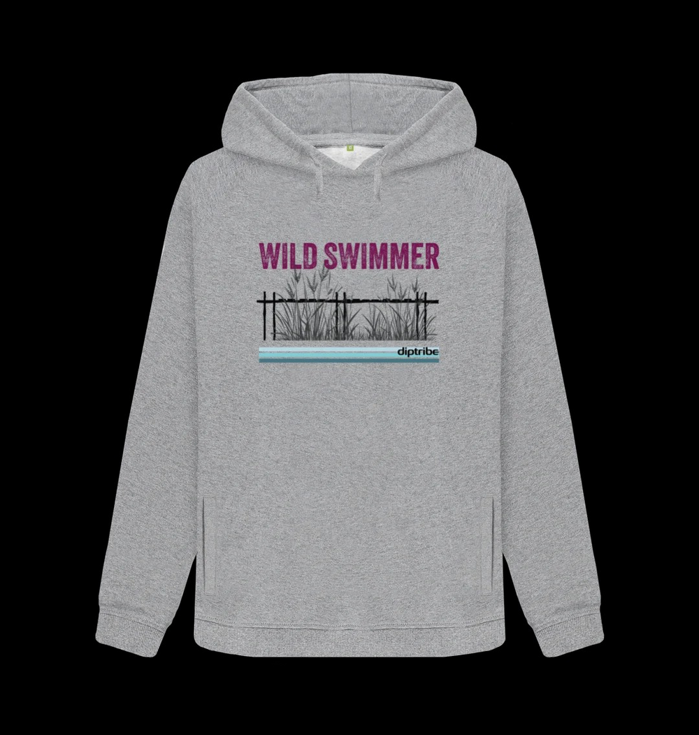 A lflat shot image of a diptribe slim-fit hoodie in light heather with the text 'Wild Swimmer' and a hand-drawn graphic of reeds on the front.