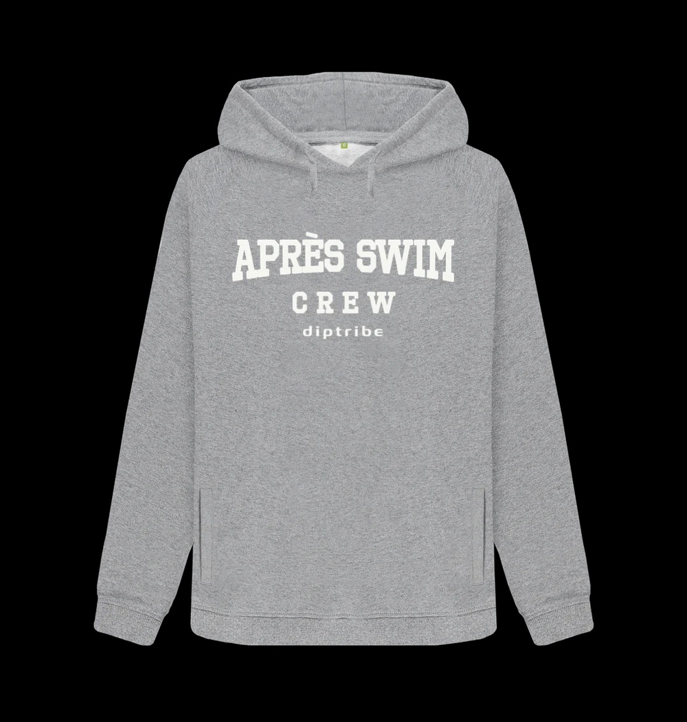 Flat shot of the diptribe light heather slim fit hoodie with an 'Apres Swim Crew' logo on the front