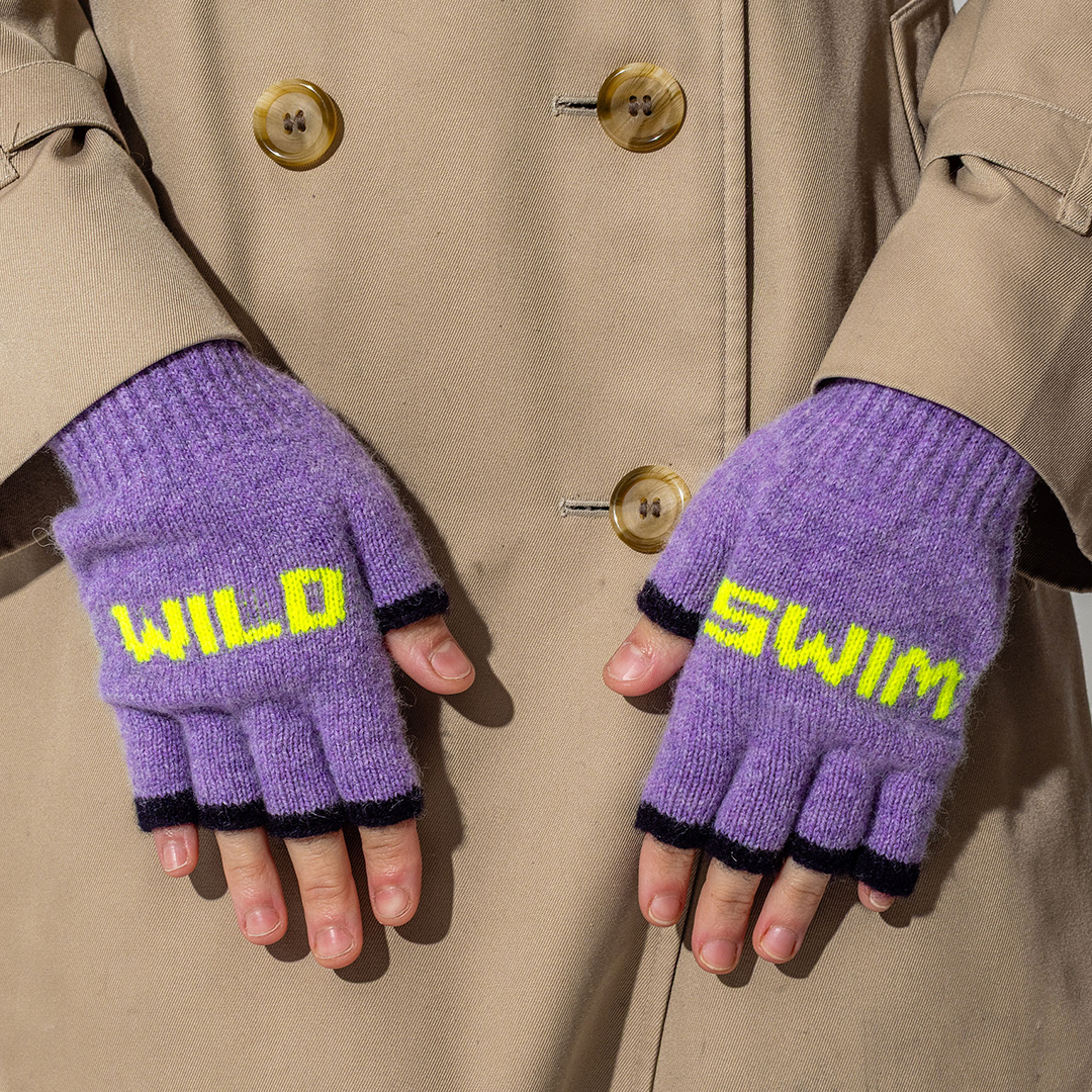 Wild Swim Fingerless Gloves in Parma Violet &amp; Neon Yellow