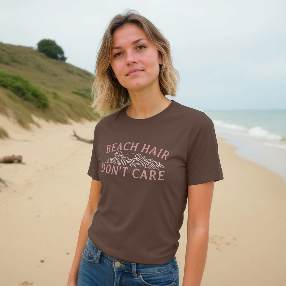 brown and pink beach hair don't care slogan t-shirt
