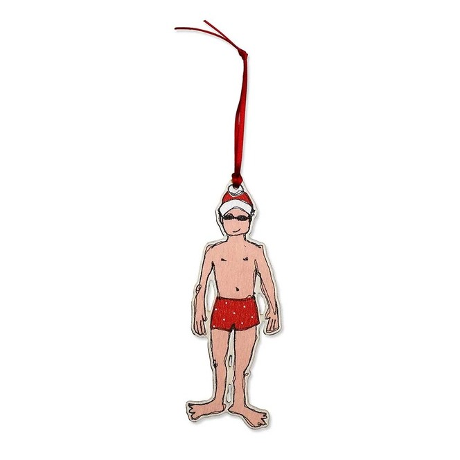 Big Dipper Christmas tree decoration showing a male swimmer in red shorts and Santa hat – a fun stocking filler or gift for open water or wild swimmers.
