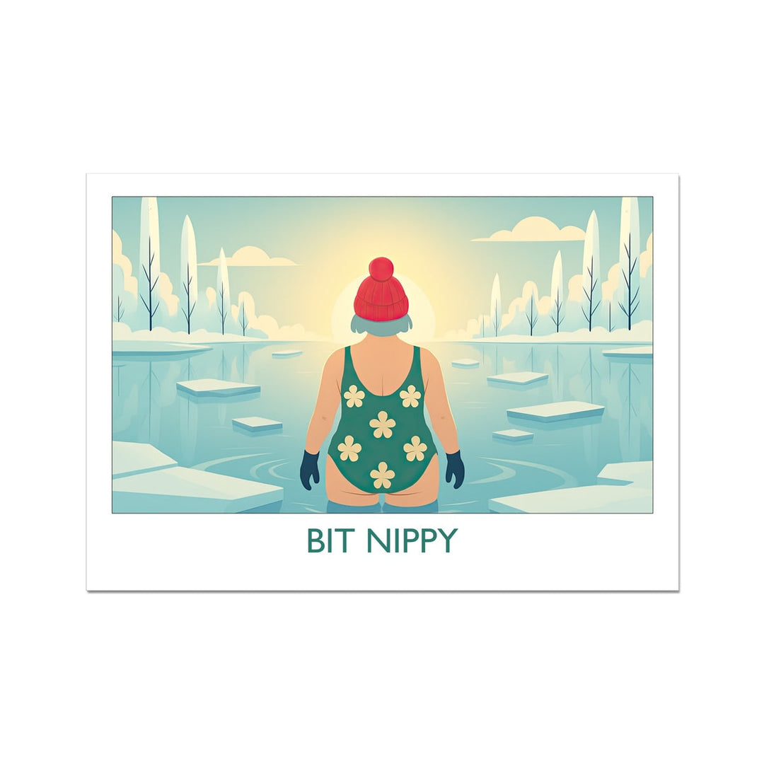 Bit Nippy cold water swimming art print by Wild Swim Studio — humorous winter dip illustration featuring a swimmer in a bobble hat and green floral swimsuit, perfect for wild swimmers.
