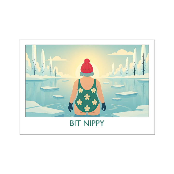 Bit Nippy cold water swimming art print by Wild Swim Studio — humorous winter dip illustration featuring a swimmer in a bobble hat and green floral swimsuit, perfect for wild swimmers.