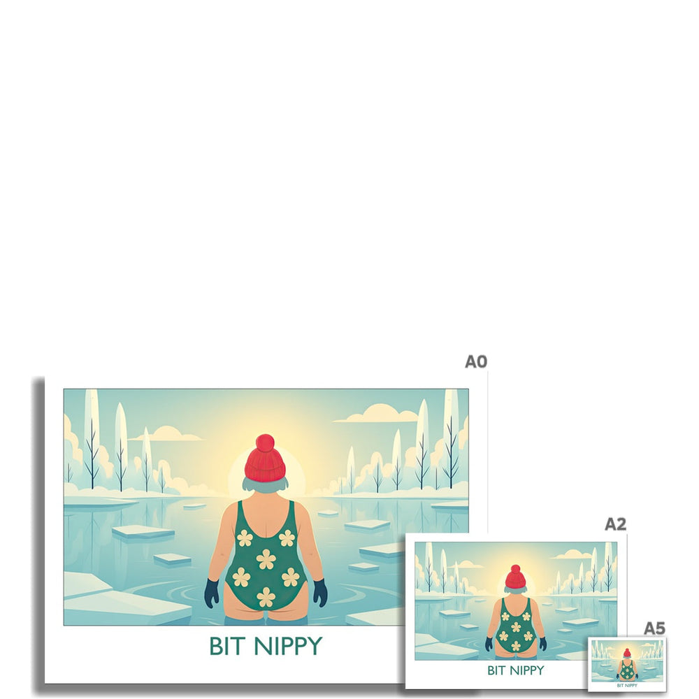 Bit Nippy cold water swimming art print by Wild Swim Studio available in A0 to A5 sizes — fun winter swimming wall art for open water and cold dip enthusiasts.