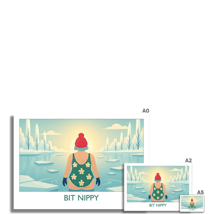 Bit Nippy cold water swimming art print by Wild Swim Studio available in A0 to A5 sizes — fun winter swimming wall art for open water and cold dip enthusiasts.