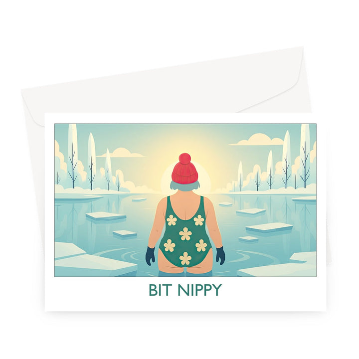 Bit Nippy cold water swimming greeting card by Wild Swim Studio — humorous winter dip illustration featuring a swimmer in a red hat and green floral swimsuit.