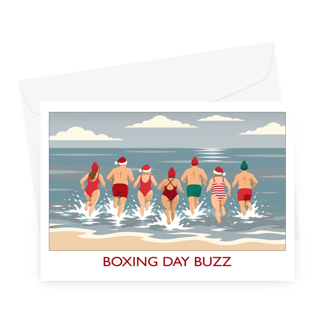Boxing Day Buzz Christmas card by Wild Swim Studio showing seven festive swimmers in Santa hats running into the sea for a Boxing Day dip