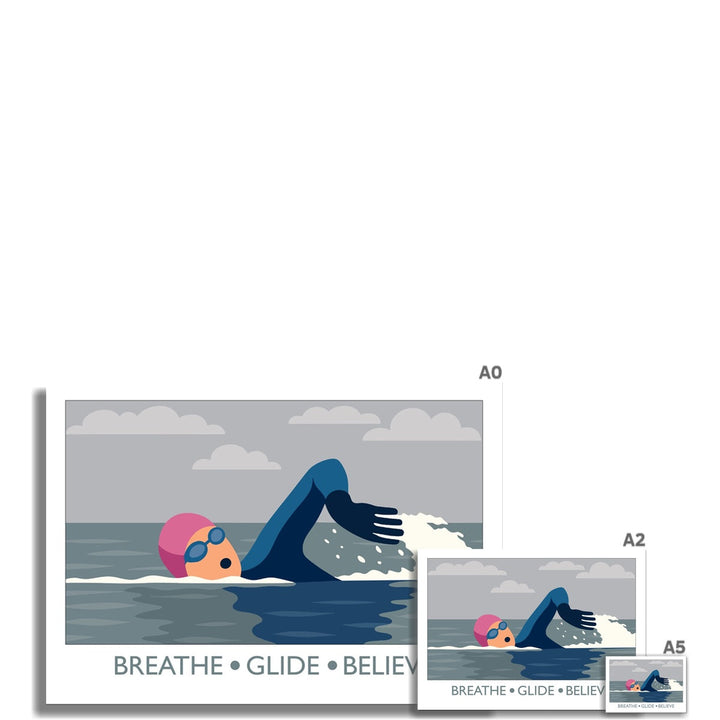 Breathe Glide Believe wild swimming art print shown in multiple size options