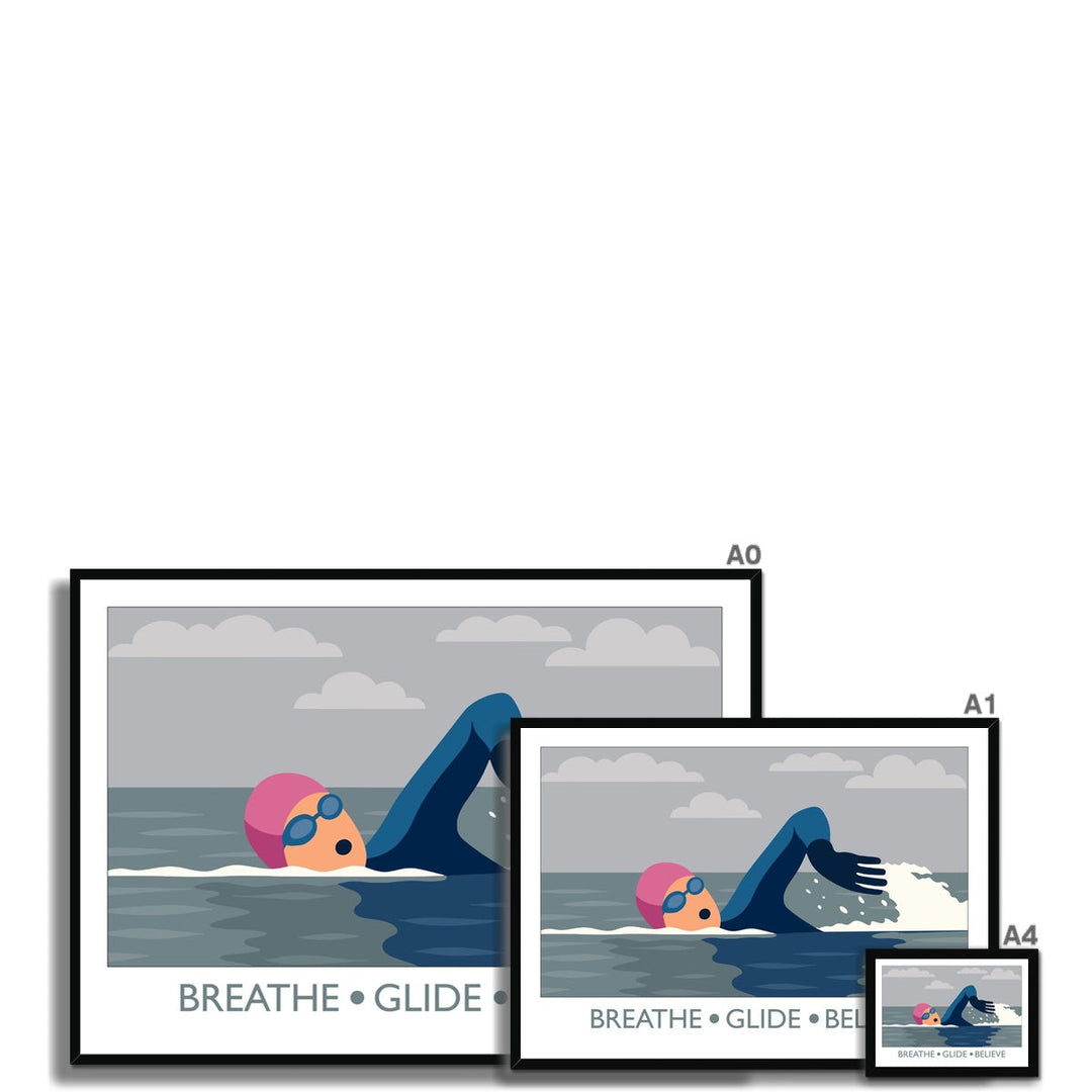 Breathe Glide Believe framed wild swimming art print shown in multiple sizes with black frame