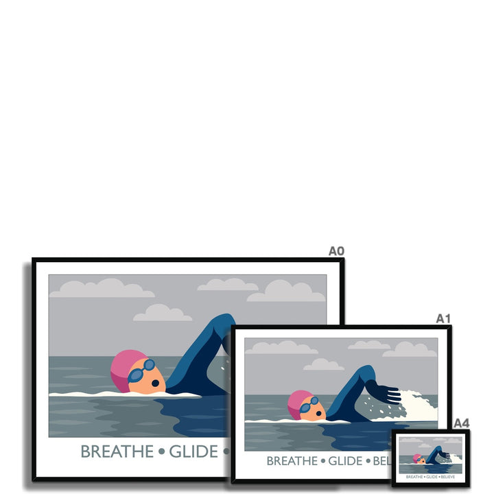 Breathe Glide Believe framed wild swimming art print shown in multiple sizes with black frame