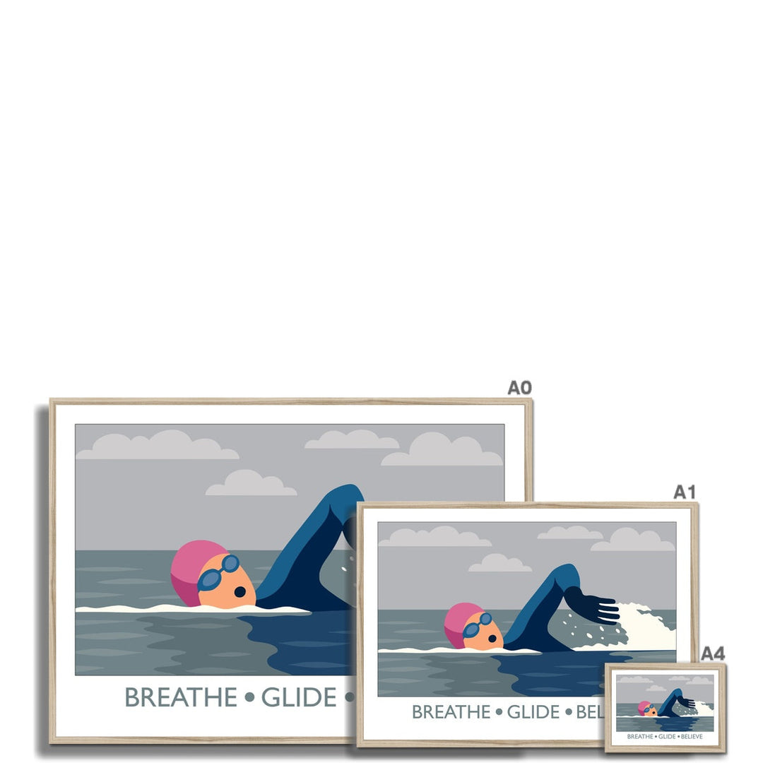Breathe Glide Believe framed wild swimming art print shown in multiple sizes with natural frame
