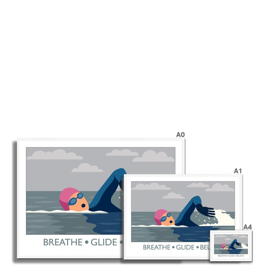 Breathe Glide Believe framed wild swimming art print shown in multiple sizes with white frame