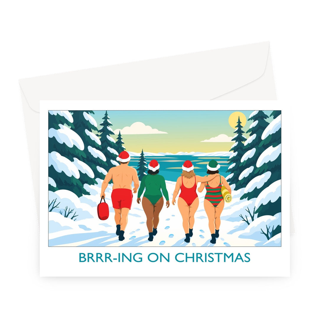 Brrr-ing On Christmas wild swimming Christmas card by Wild Swim Studio showing four swimmers in festive hats walking through a snowy forest towards a lake