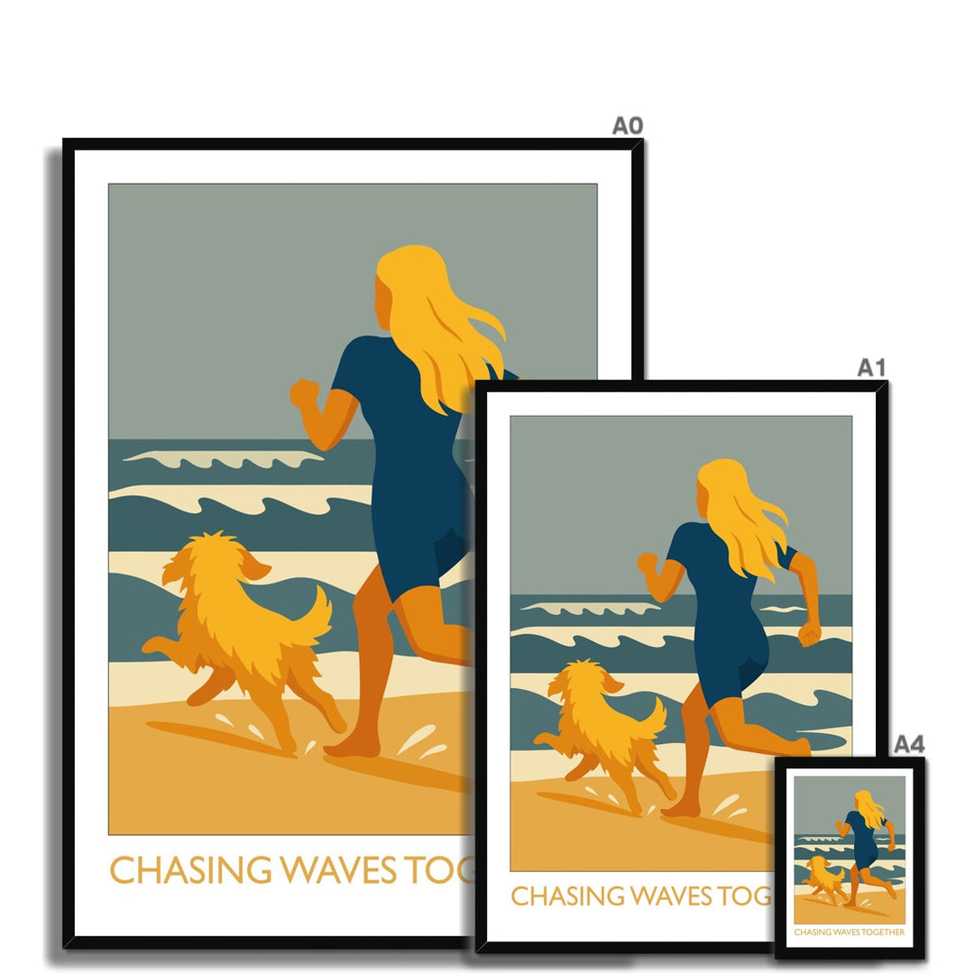 Chasing Waves Together framed wild swimming art print shown in multiple sizes with black frame