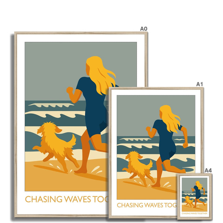 Chasing Waves Together framed wild swimming art print shown in multiple sizes with natural frame