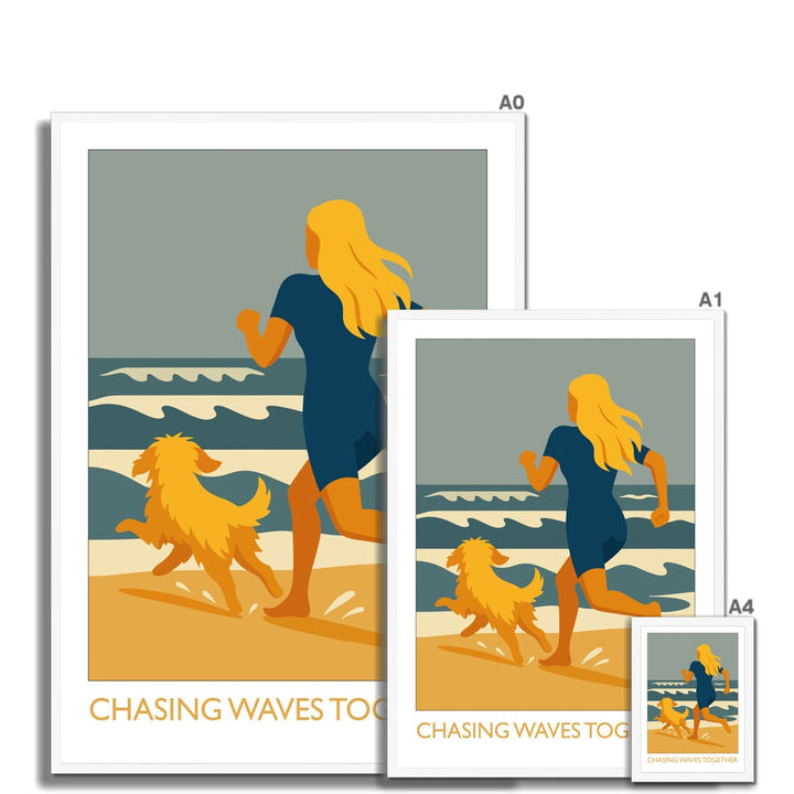 Chasing Waves Together framed wild swimming art print shown in multiple sizes with white frame