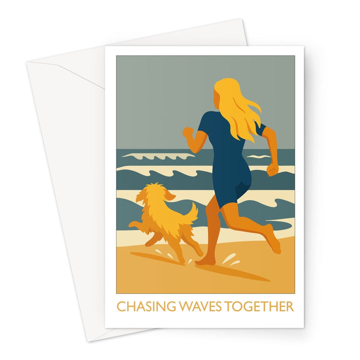 Wild swimming greeting card featuring a swimmer and her dog running along the beach, titled Chasing Waves Together