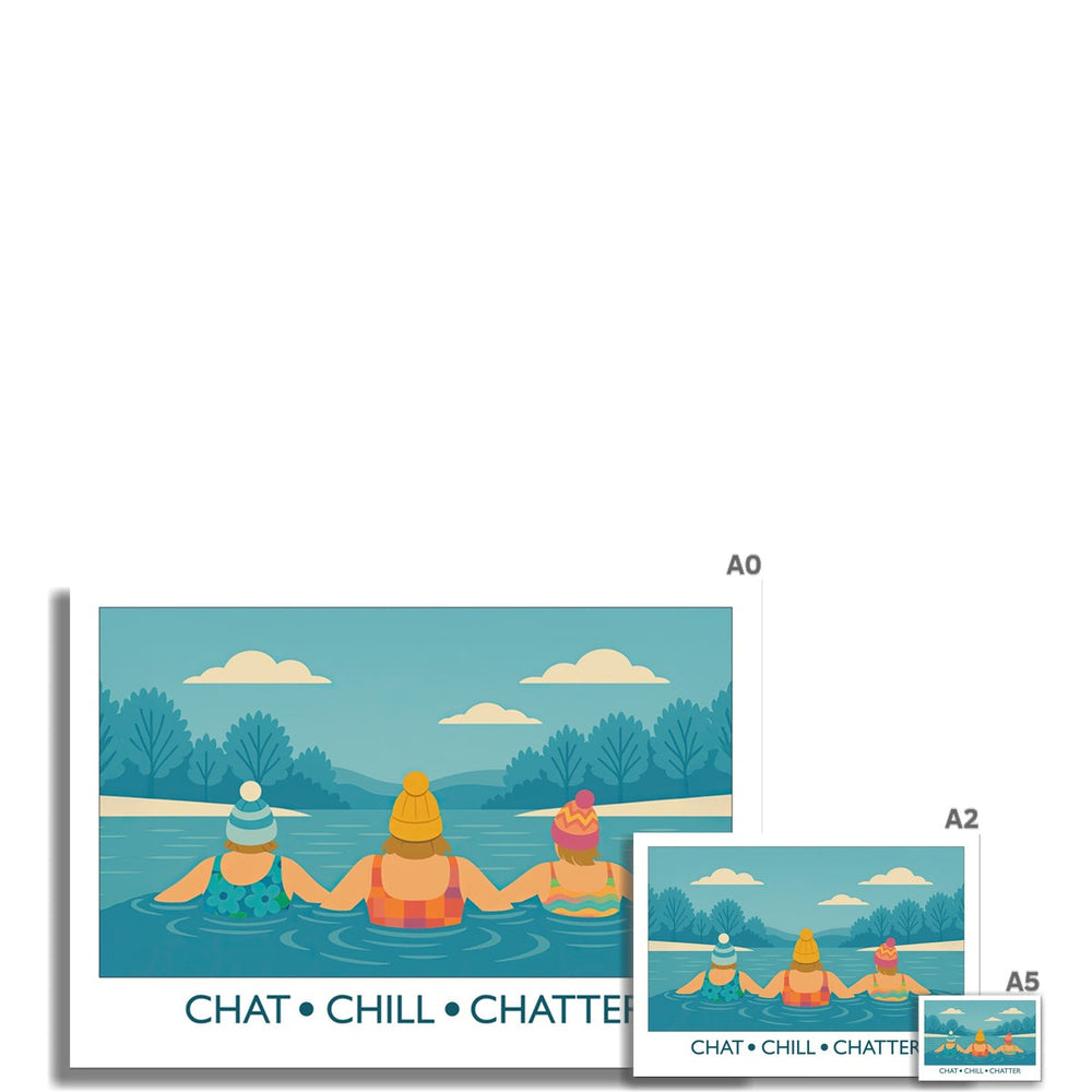 Chat Chill Chatter cold water swimming art print by Wild Swim Studio available in multiple sizes from A0 to A5, printed on premium lustre paper for swimmers and cold water dippers.