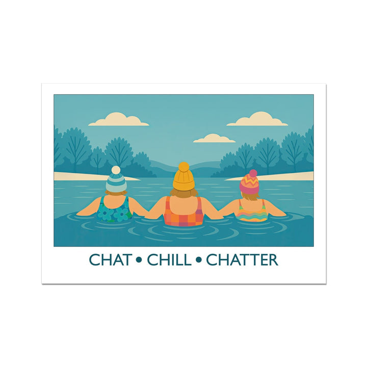 Chat Chill Chatter cold water swimming art print by Wild Swim Studio — three wild swimmers standing arm in arm in icy water wearing colourful swimsuits and bobble hats, celebrating friendship and open water swimming.