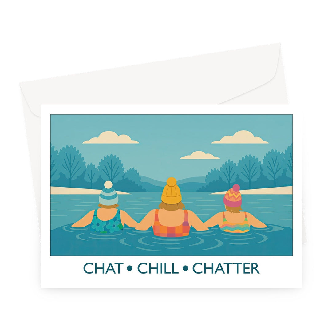 Chat Chill Chatter cold water swimming greeting card by Wild Swim Studio — three wild swimmers arm in arm in icy water wearing colourful swimsuits and bobble hats, celebrating friendship and outdoor swimming.