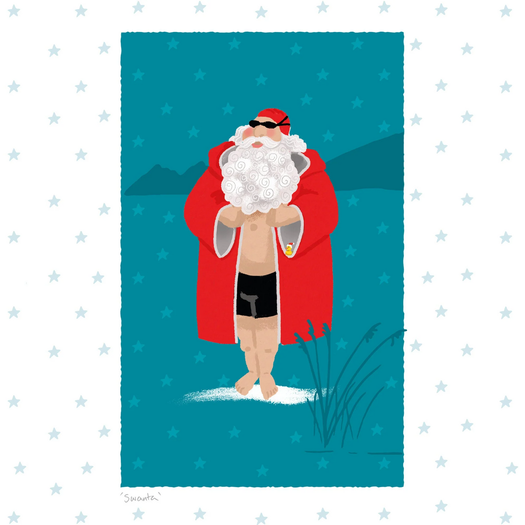 Christmas card featuring Swimming Santa design by Andrea Hall - unique festive card for open water and wild swimmers.