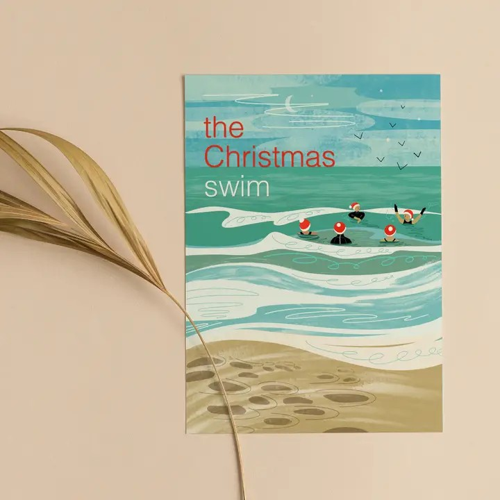 Unique Christmas card for wild swimmers featuring 'The Christmas Swim' – recycled, plastic-free greeting card designed by Onneke.
