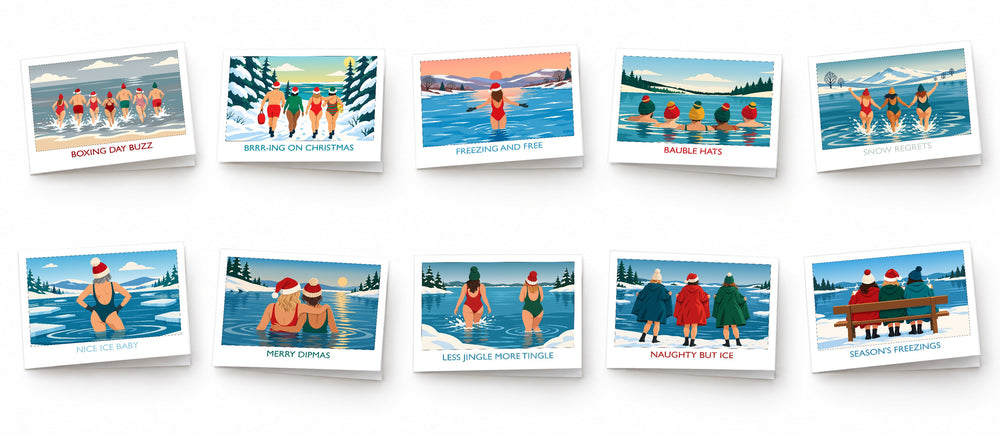 Wild Swim Studio 2026 Christmas card pack featuring all ten wild swimming designs with festive illustrations and funny slogans on a white background