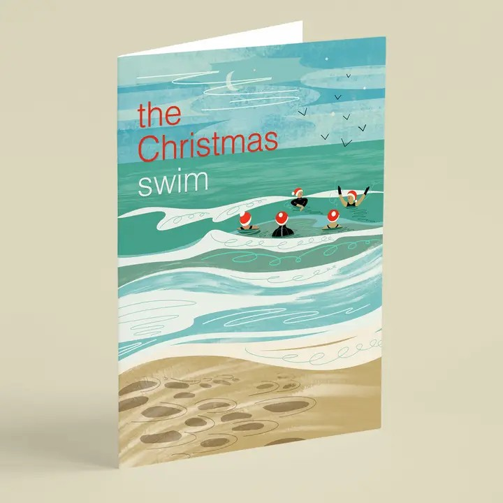 Christmas Swim card featuring illustration of festive wild swimmers - eco-friendly Christmas greeting card made in the UK.