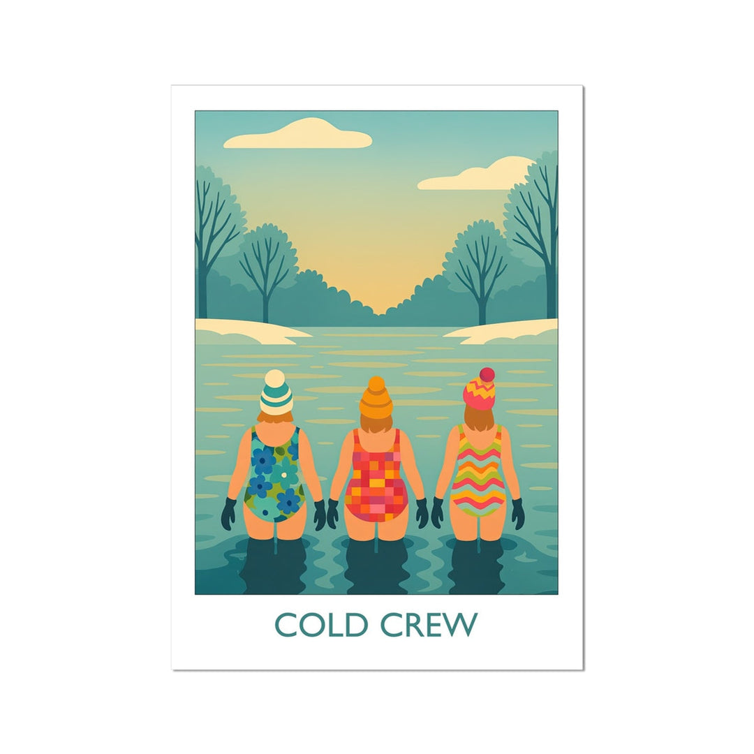 Cold Crew cold water swimming art print by Wild Swim Studio — three wild swimmers in colourful swimsuits and bobble hats entering icy water, celebrating friendship and outdoor swimming.