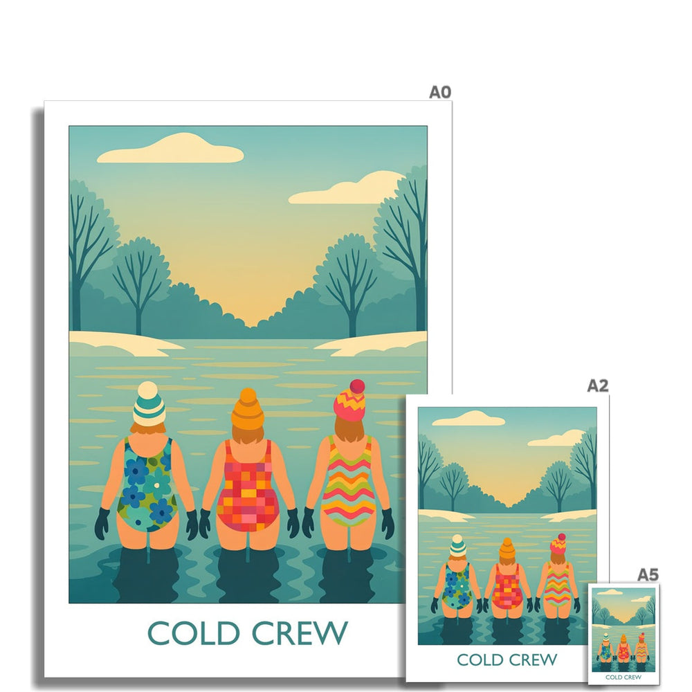 Cold Crew cold water swimming art print by Wild Swim Studio available in A0 to A5 sizes — vibrant illustration of winter swimmers, ideal wall art for open water enthusiasts.