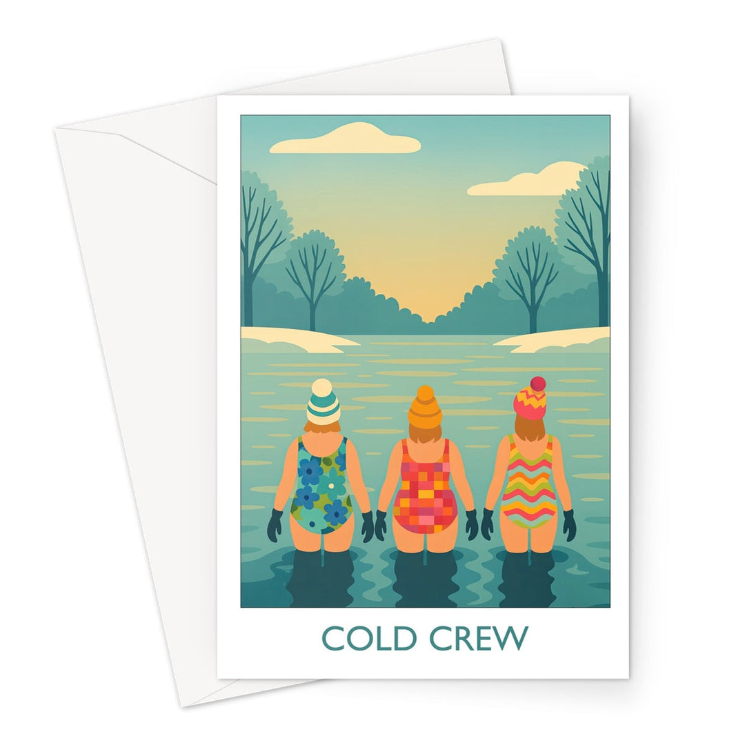 Cold Crew cold water swimming greeting card by Wild Swim Studio — three wild swimmers in bobble hats entering icy water, a joyful design celebrating friendship and winter dips.