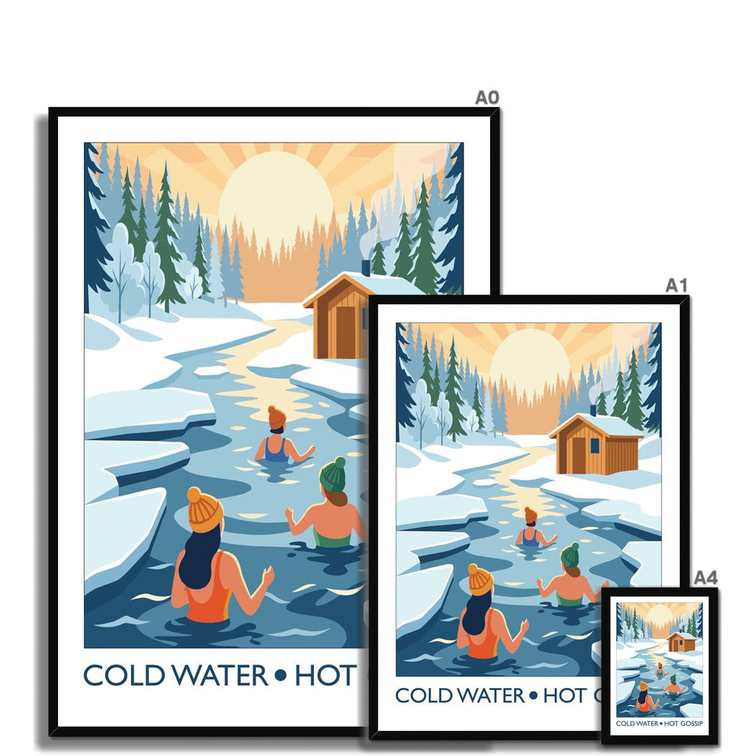 Cold Water Hot Gossip framed wild swimming art print shown in multiple sizes with black frame