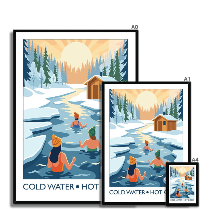 Cold Water Hot Gossip framed wild swimming art print shown in multiple sizes with black frame